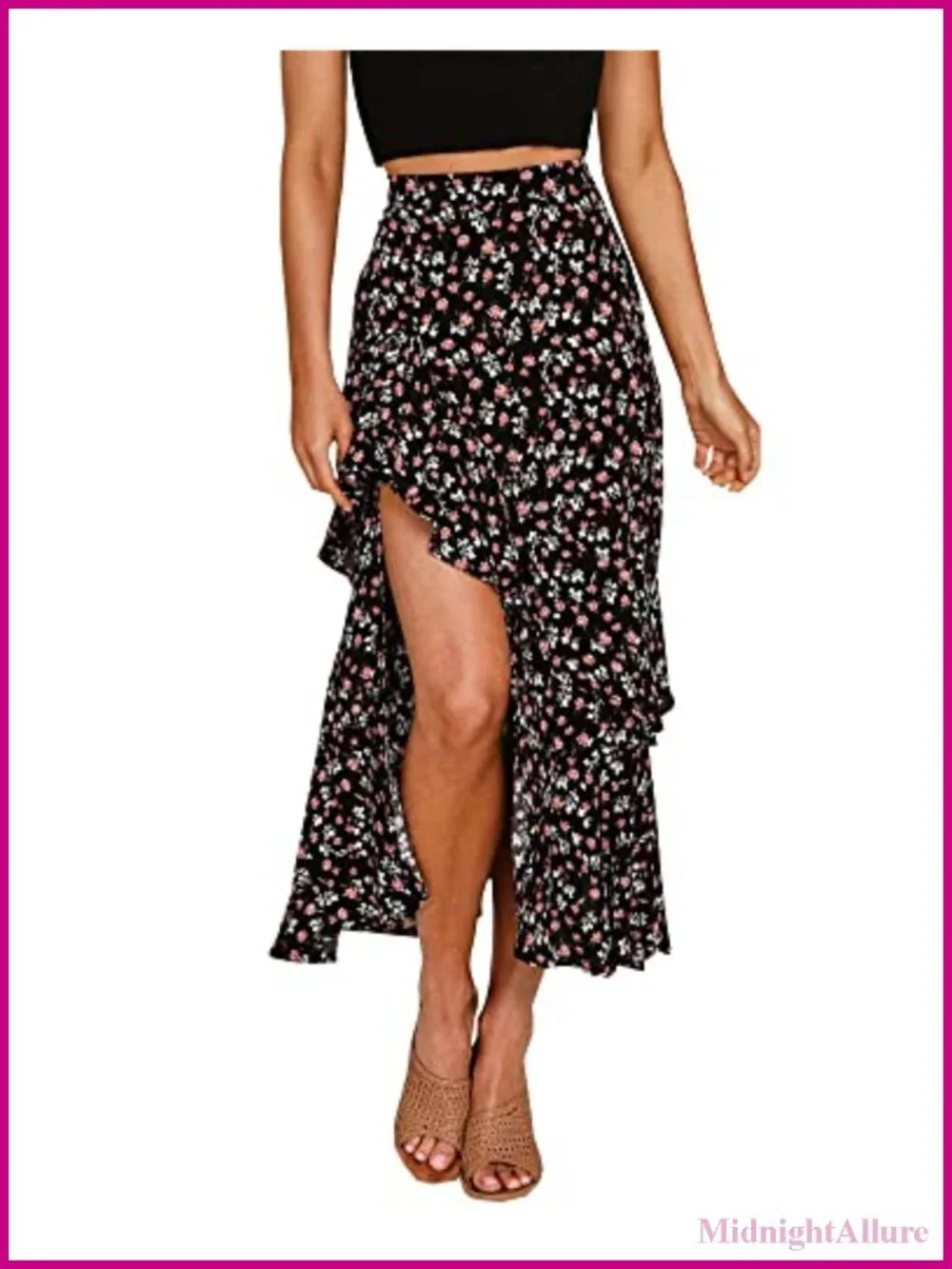 Boho Floral Elastic Waist High Low Split Ruffle Maxi Skirt